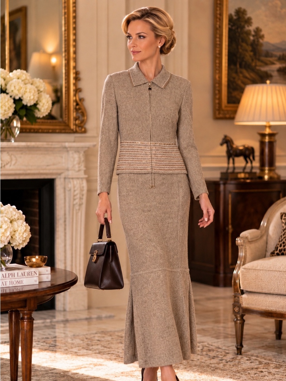St. John Sport Beige Metallic Knit Skirt Suit – Size S